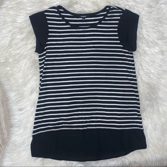 Premise | Striped Sheer Edge Longline Black & White Tee Shirt Blouse - Picture 5 of 11